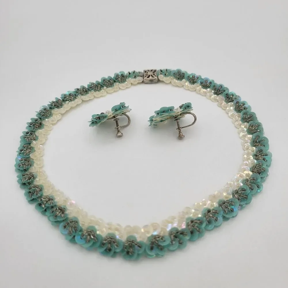 Vintage 1950s Aqua Sequin Necklace & Earrings Set
